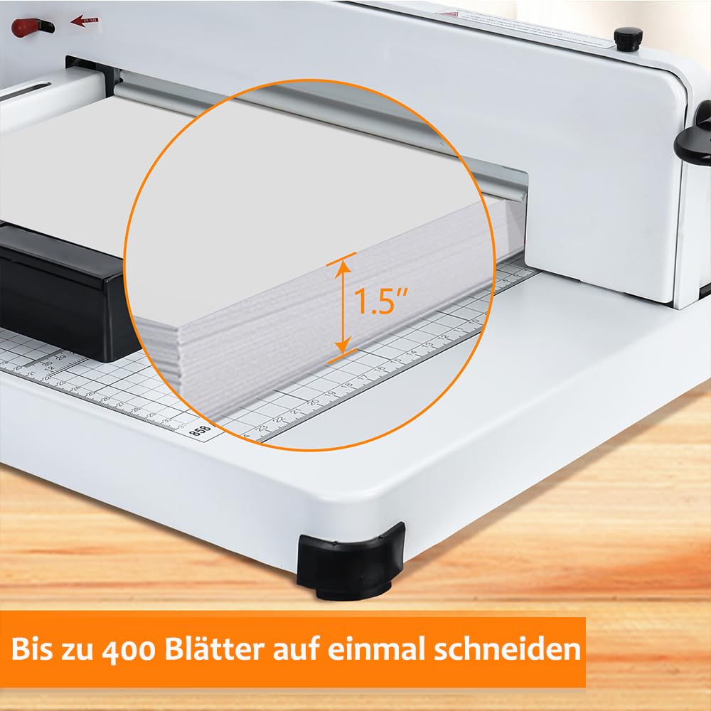 Papierschneider Industrie Guillotine Schneidemaschine (Bis 80g A4, 400 Blatt Schneidleistung), Manuell Schneidemaschine mit rutschfesten Gummifüßen,Hebelschneider für Foto, Papier, Pappe (weiß)