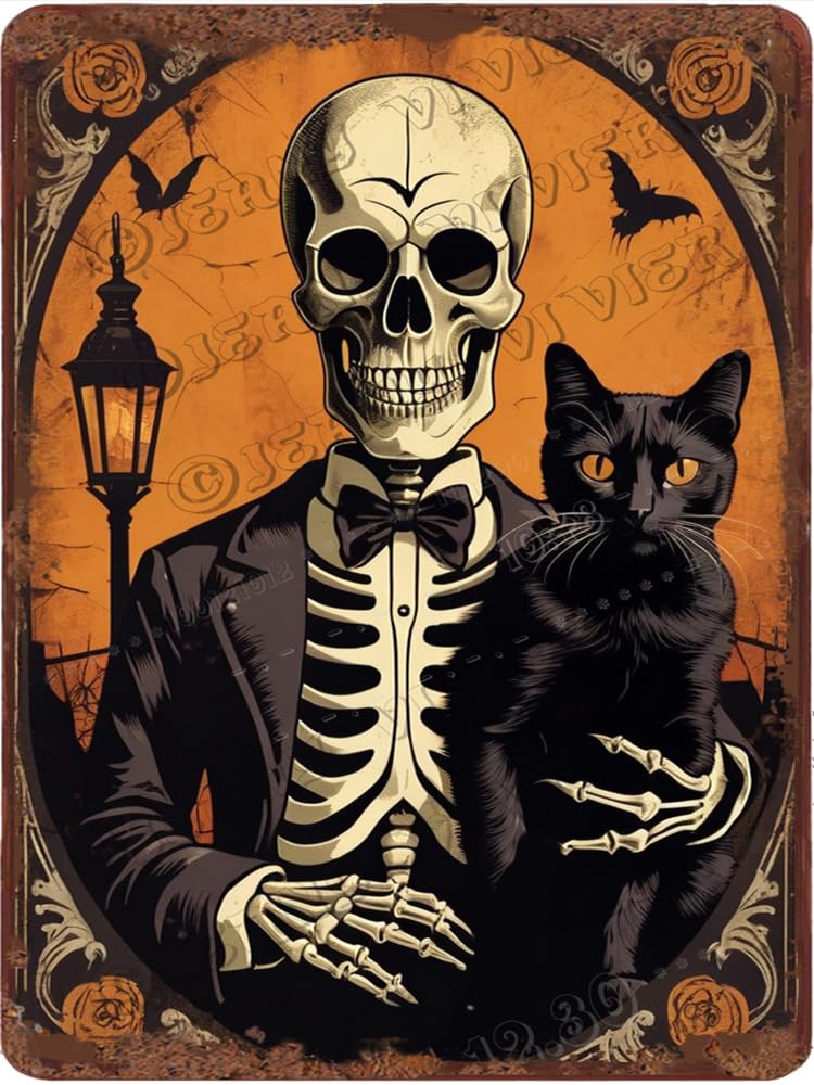 Pibonto Funny Sign 6 Aluminum Sign Skull Decor Retro Metal Sign Skeleton With Black Cat Funny Vintage Tin Sign Halloween-Themed Bar Decor 5.5"X8"