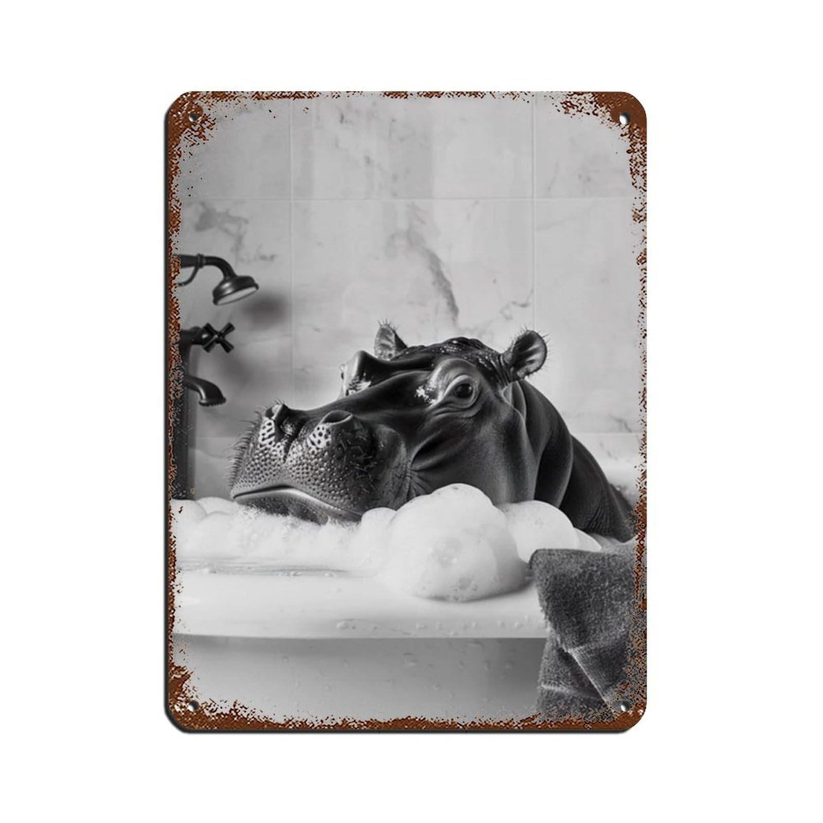 Hippo in The Bathtub, Funny Animal Poster Tin Sign Vintage Metal Pub Club Cafe Bar Home Wall Art Decoration Poster Retro 12x16inch(30x40cm)