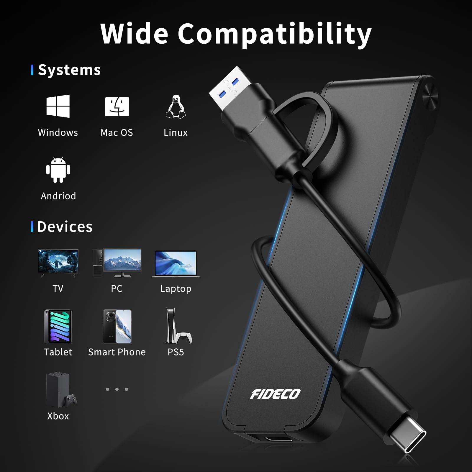 FIDECO Case SSD M.2 NVMe, 10Gbps Adattatore NVMe USB, USB 3.2 Gen2 SSD M2 NVMe per NVMe PCIe M-Key/M+B Key, Design Sandwich, Installazione Senza Strumenti, Supporto UASP e TRIM
