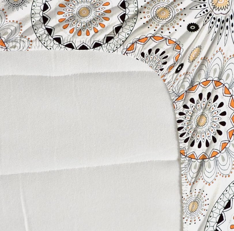 Image of Premium Cotton Fitted Bedsheet King Size 78 x 72 x 8 Inches with 2 Pillow Covers | 220 TC | All-Around Elastic Deep Pocket Bed Cover | White Mustard Black Mandala