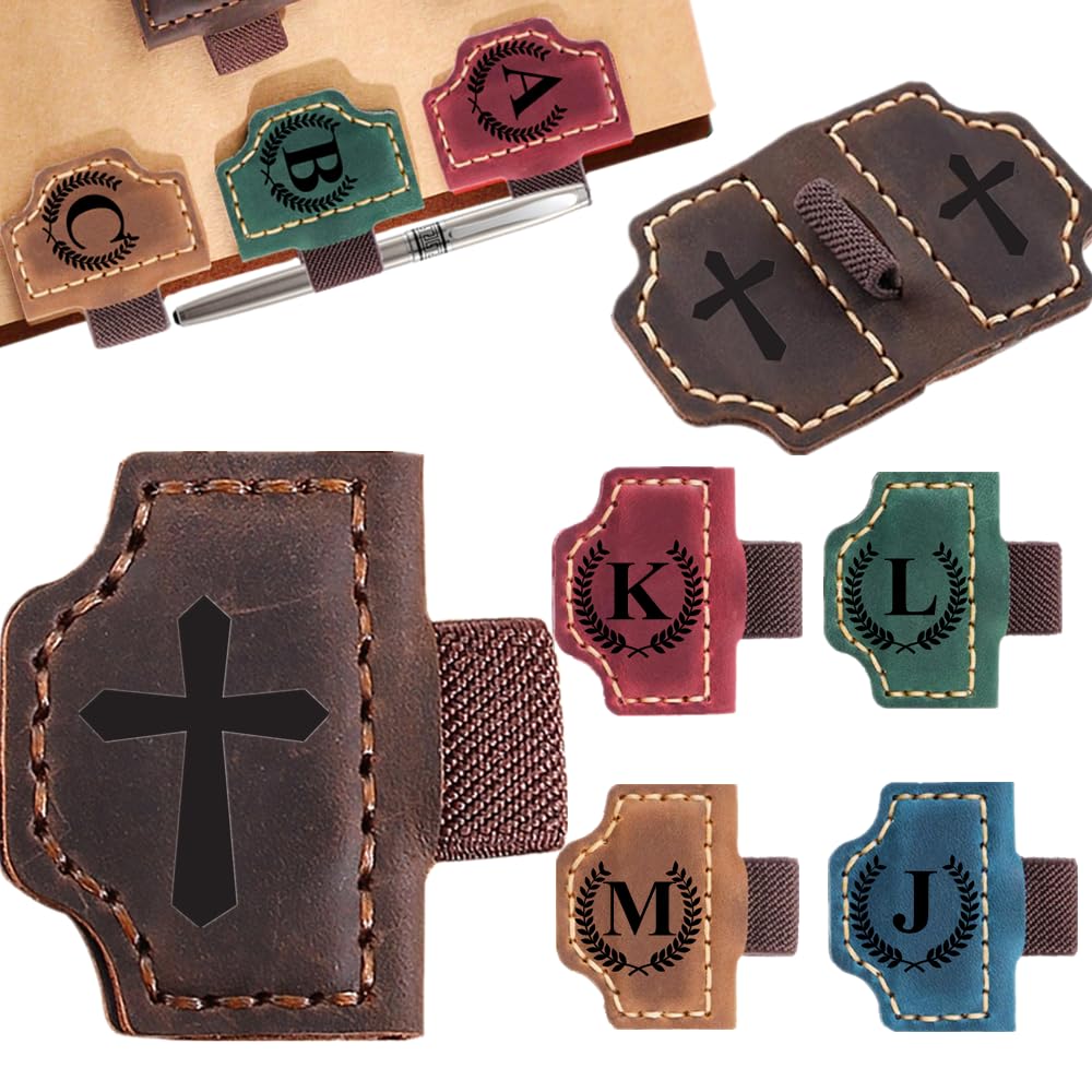 Custom Bookmark with Pen Holder with 26 Letters Personalized Magnetic Leather Book Mark, Customized Name Book Marker Clip with Initial for Men Women, Gifts for Book Lovers, Readers, (Coffee, Cross-1)