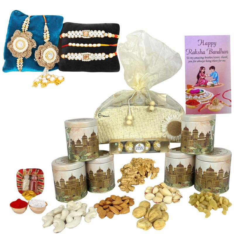 Image of NUTRI MIRACLE Printed Rakhi Jar - Healthy Dry Fruits & Chocolates