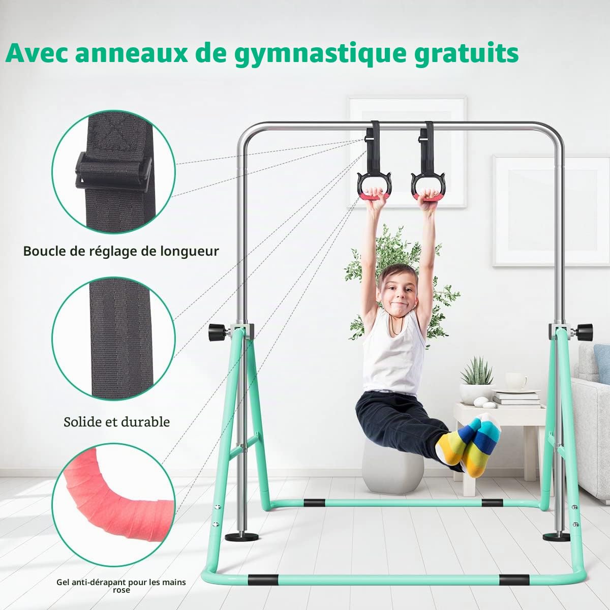 FBSPORT Barre de Gymnastique Enfant Pliable avec Hauteur Réglable Et Anneaux, Barre de Gym Intérieur Exterieur pour Junior Enfants à Domicile