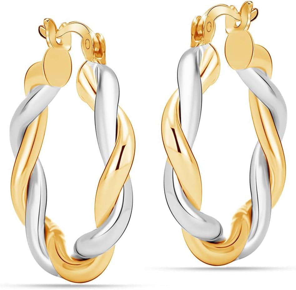 LeCalla Real 925 Sterling Silver Textured Two-Tone Three-Tone 14K Gold Plated Lightweight Italian Design Hoop Earrings for Women Diameter 25,30,40,45,50mm