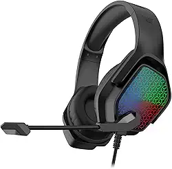 BAZIK Fone de Ouvido Gamer Headset Gamer com Fio, Microfone Omnidirecional com Cancelamento de Ruído, Som Estéreo 40 mm, Almofadas Memory Foam, Luz LED RGB, para Jogos/PS5/Xbox – Preto
