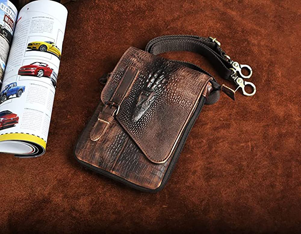 Le'aokuu Herren Verrückt Pferd Leder Tasche Freizeit Universität Schultasche Reisetasche Schultertasche Messenger Bag 611 (611-1 Krokodil Dunkebraun-Größ)