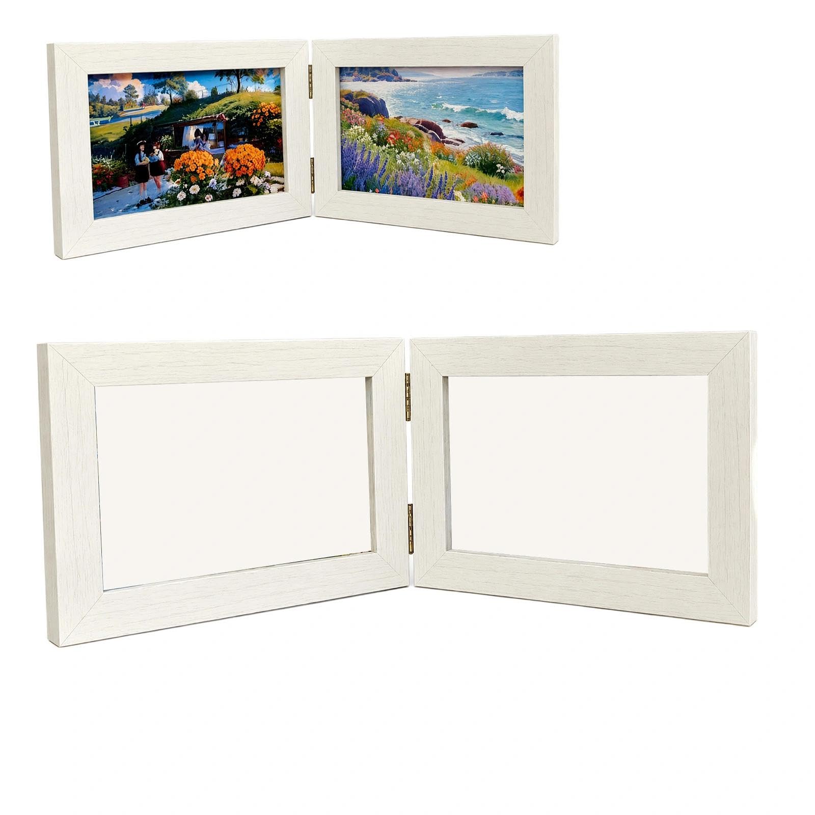 Double Photo Frames 6x4 Landscape Photo Frame White Picture Frame for Multiple Photos Hinged Wooden Frame with Acrylic Front Freestanding & Folding Photo Frame for Tabletop Display
