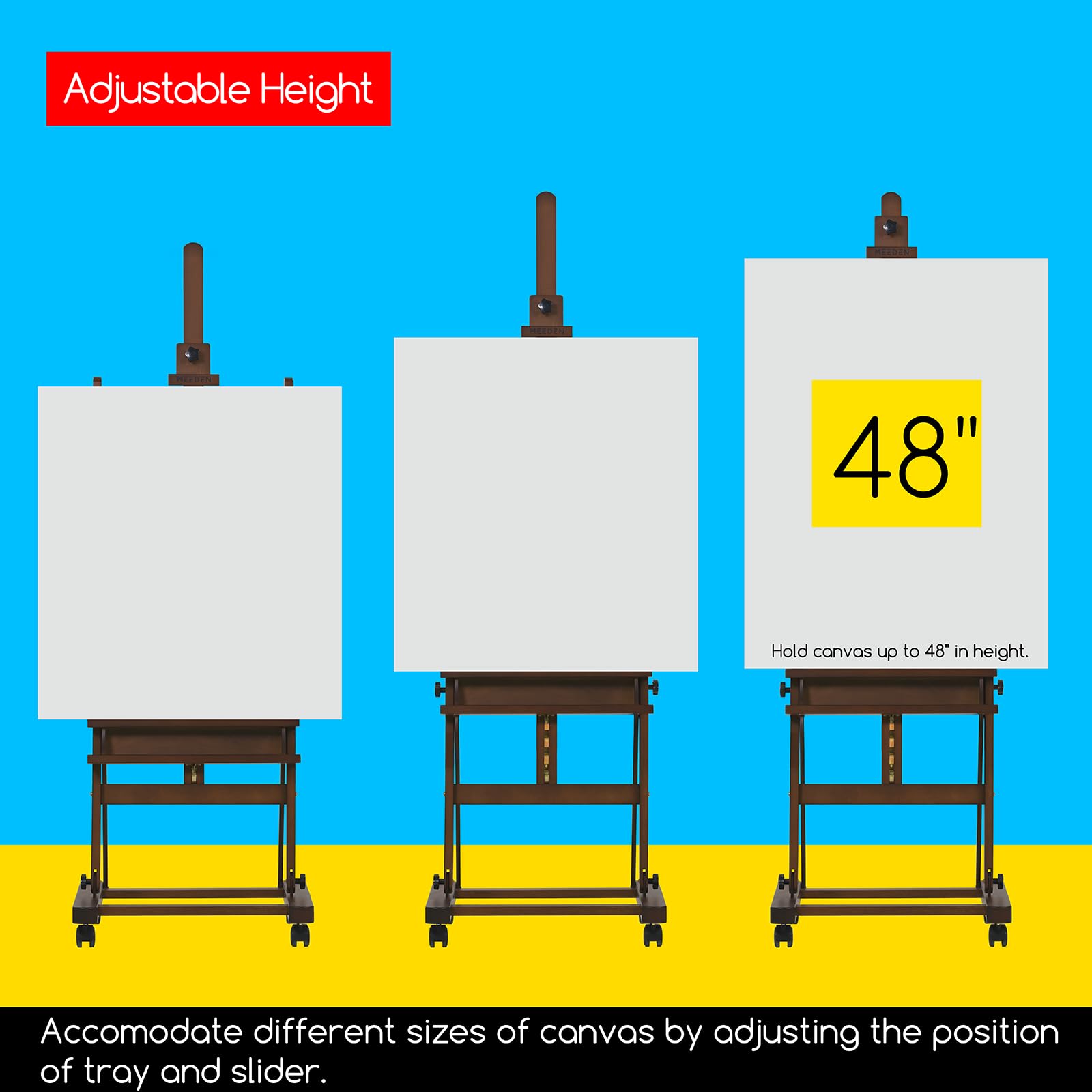 MEEDEN Caballete de pintura de artista, sostiene lienzo de hasta 48 pulgadas, soporte de caballete de pintura de madera de haya artística, caballete de piso ajustable con marco en H con ruedas