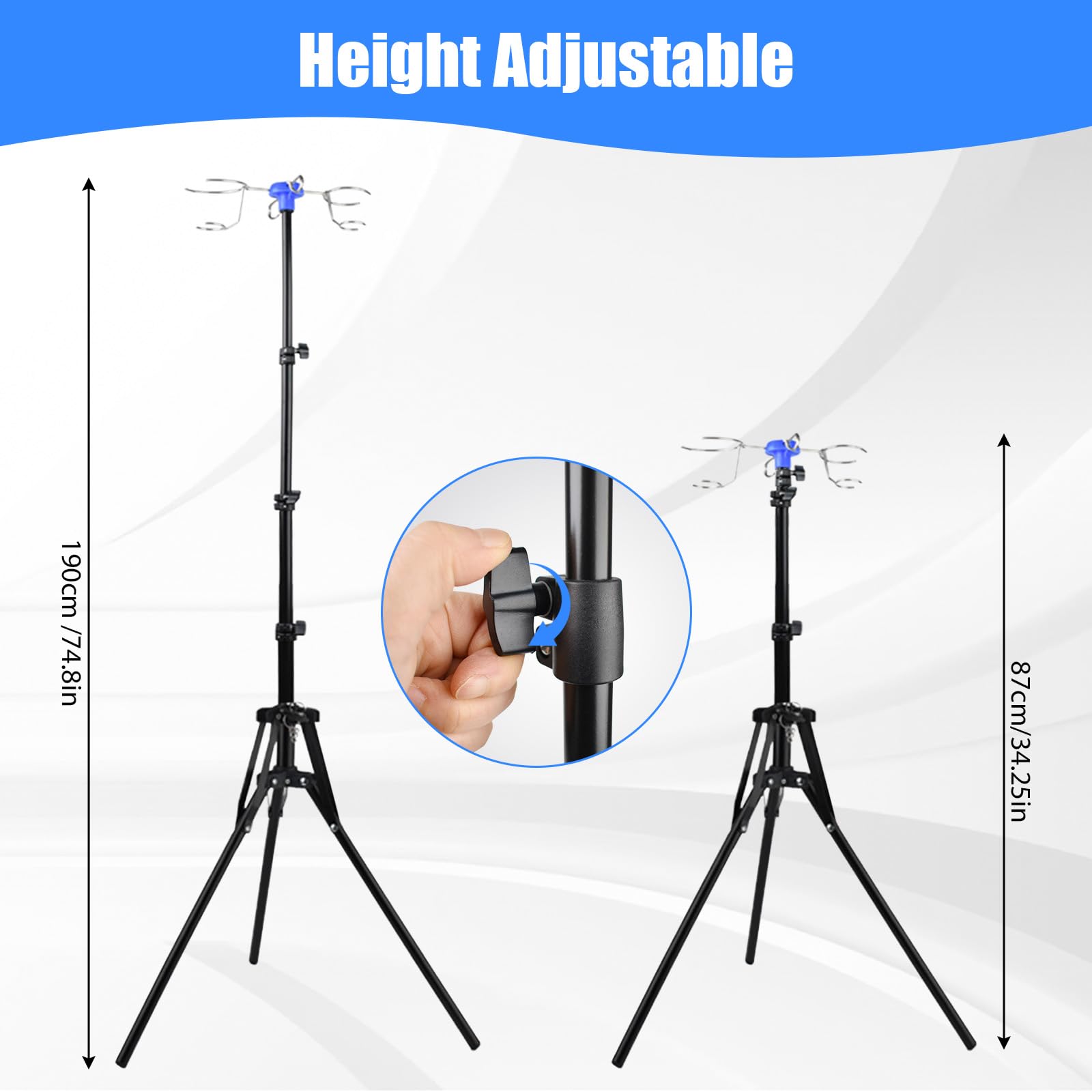 Supporto regolabile per infusione, pieghevole, altezza regolabile 87-190 cm, scolapiatti con 4 ganci e pratico supporto per fiale, con treppiede stabile, per ospedale e cura domestica