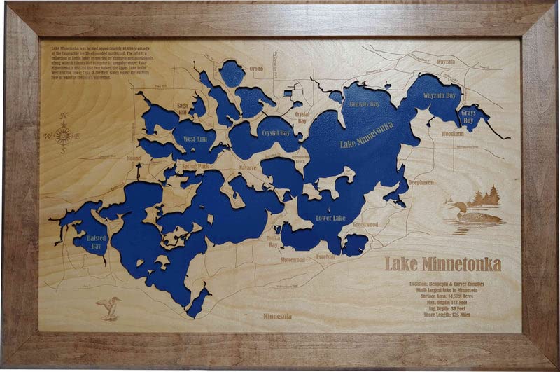 Lake Minnesota Framed Wood Laser Engraved Map