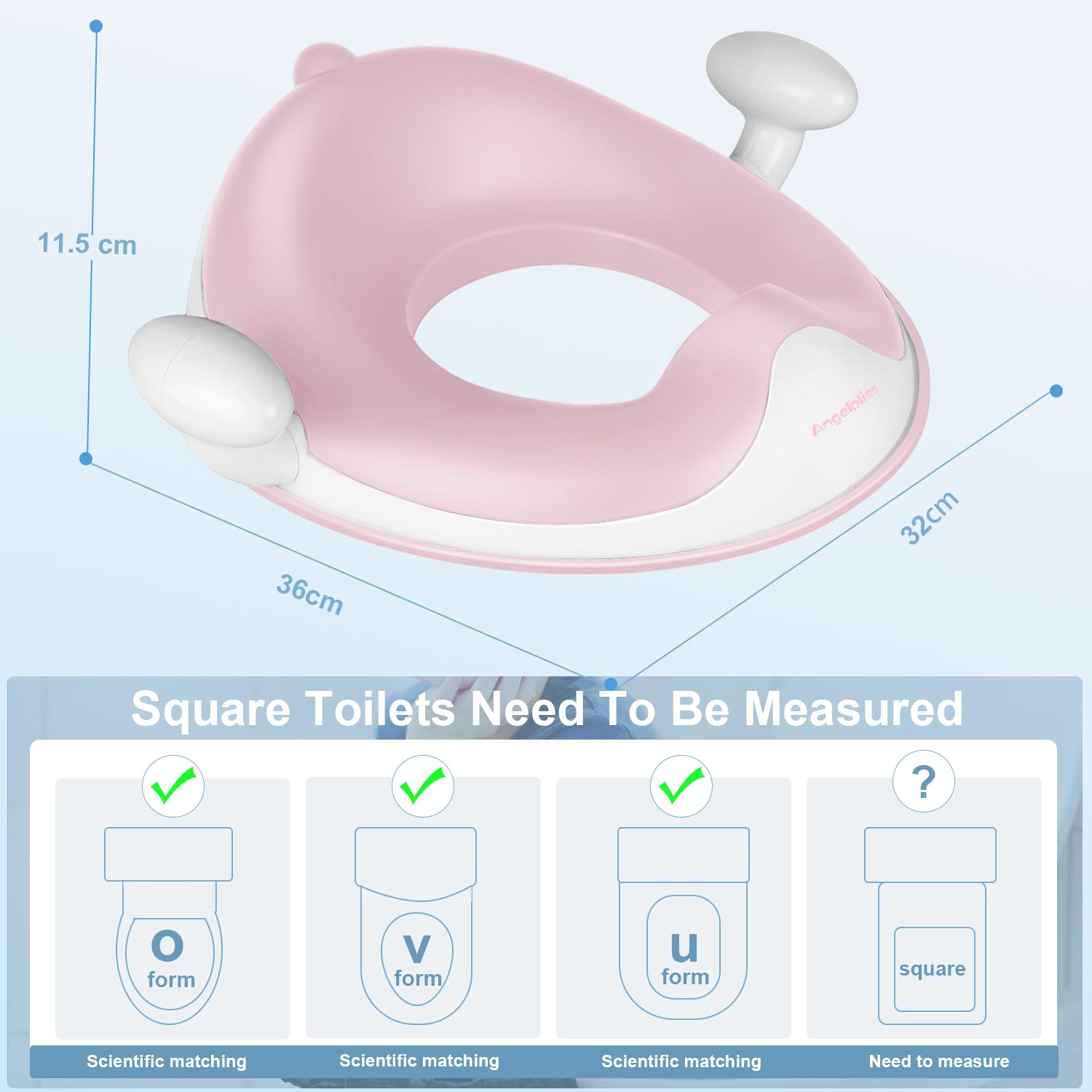 ANGELBLISS Baby Potty Training Toilet Seat with Soft Cushion Handles, Haute Collection, Double Anti-Slip Design and Splash Guard for Boys and Girls (Pink)