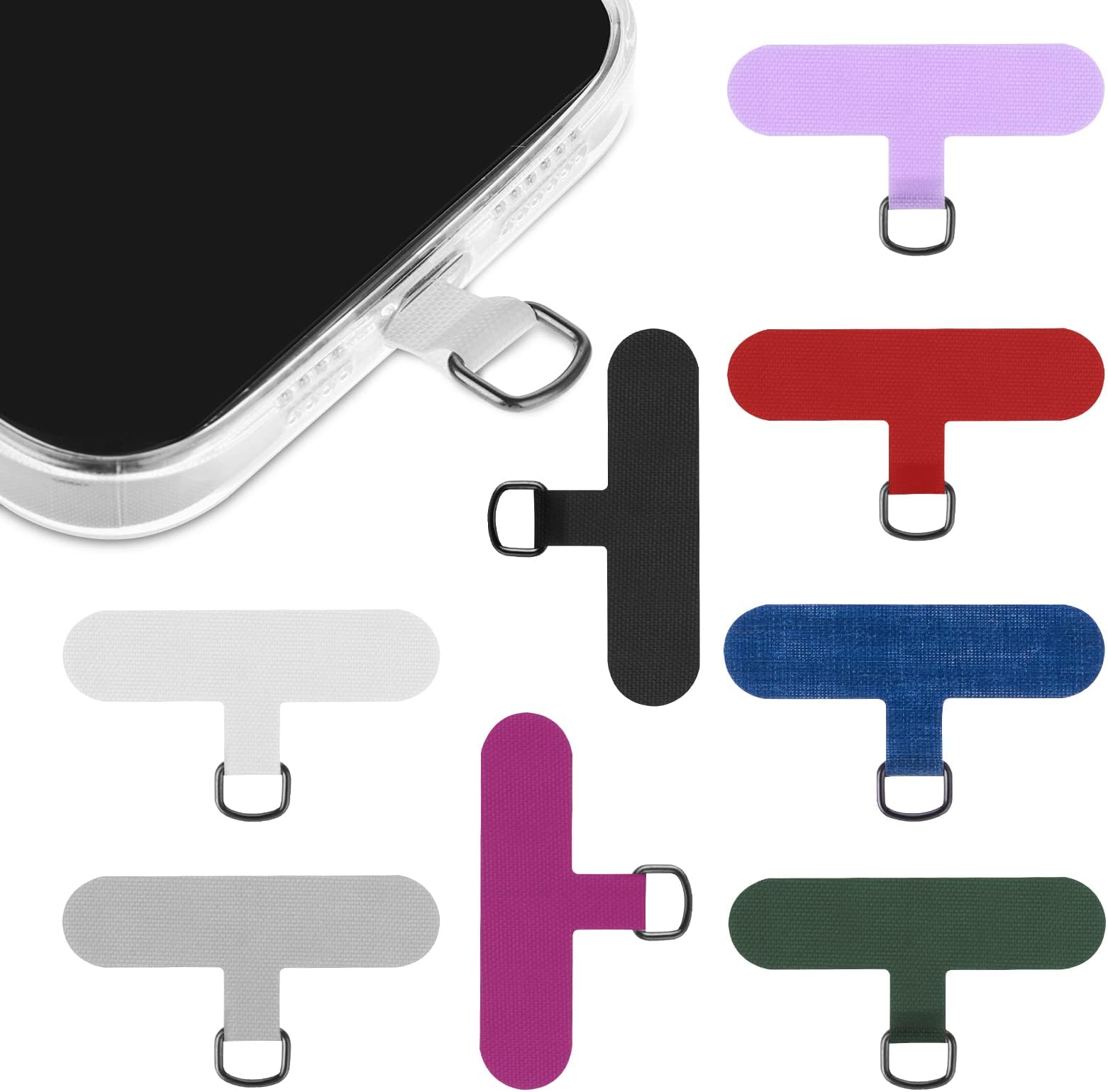 8Pcs Phone Lanyard Patch, Universal Cell Phone Fabric Canvas Patch Pad Sticker Anti-Lost Attachment Hanging Metal Ring Replacement for Smartphone Mobile Safety Wrist Neck Strap