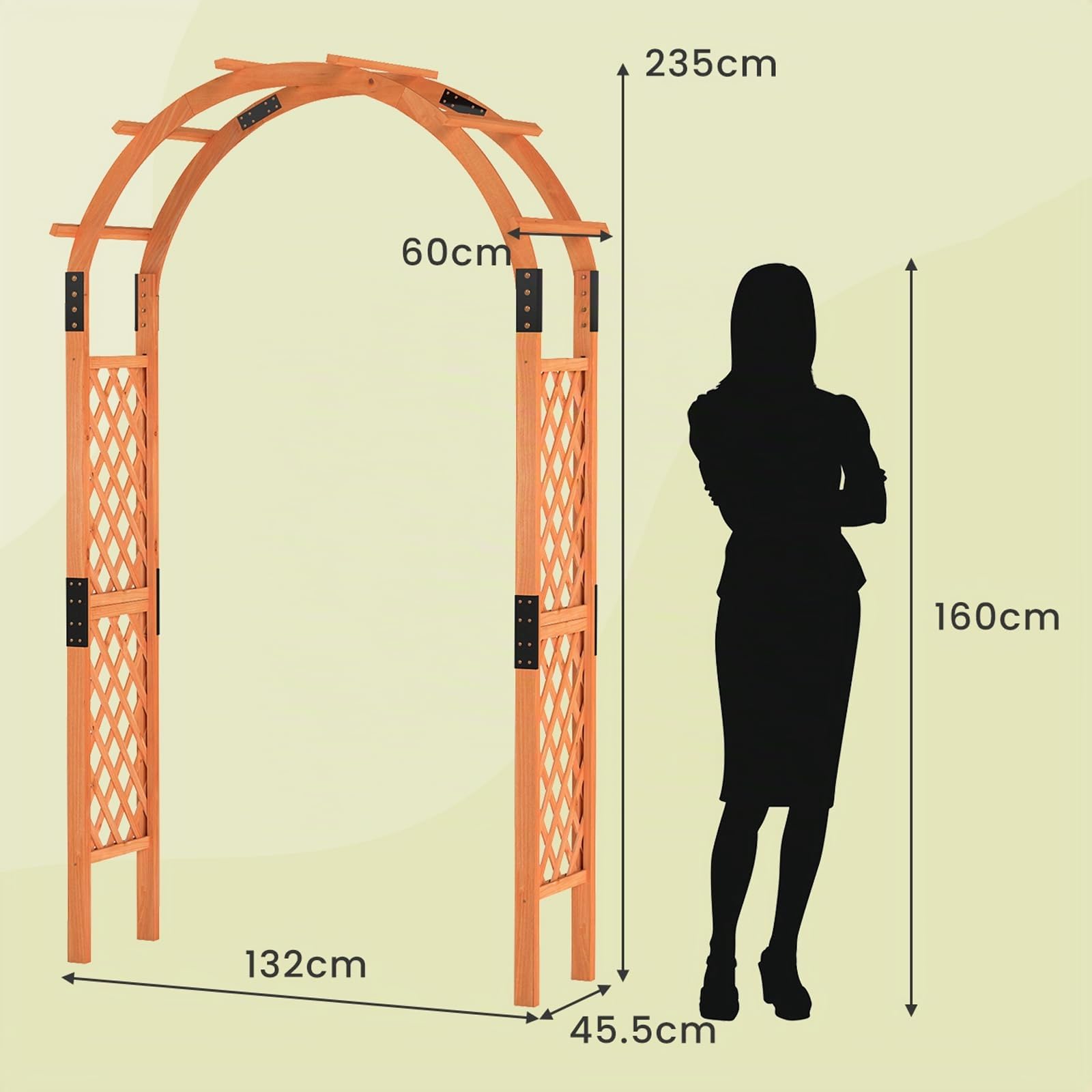 RELAX4LIFE 2,3M Arche de Jardin en Bois avec Treillis pour Plantes Grimpantes & Rosiers & Vignes, Pergola d'escalade pour Décoration Pelouse Arrière-Cour, 160 x 60 x 217cm (132x45.5x235cm)
