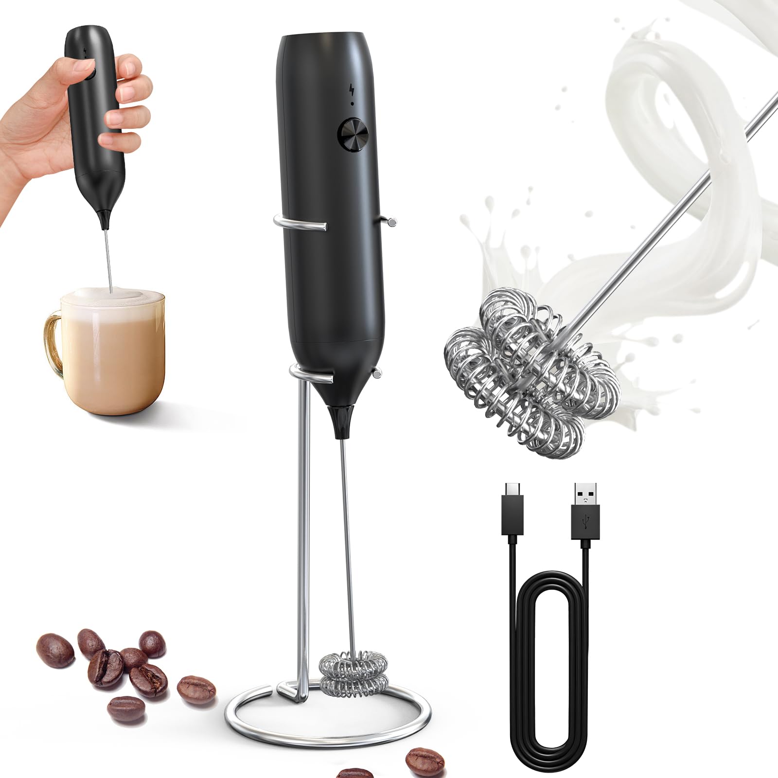 CIRCLE JOY Montalatte a Mano con Supporto, Frullino Montalatte Elettrico, a Batteria Mini Schiumatore per Latte, Cappuccino, Matcha, Regalo da Cucina, Nero — view 10