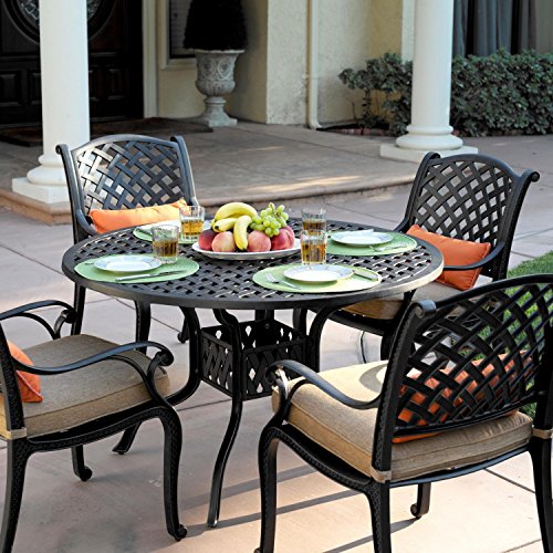 Darlee Nassau 5-Piece Cast Aluminum Patio Dining Set with 48-Inch Round Table and 4 Arm Chairs - Antique Bronze with Sesame Cushions