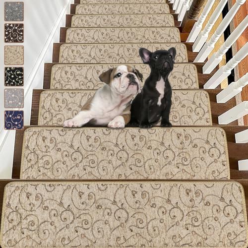 Stair Treads Non-Slip Carpet Mats 30inX8in Indoor Stair Runners for Wooden Steps (15pc,Beige)