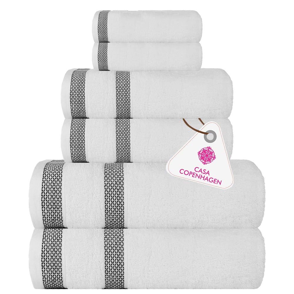 CASA COPENHAGEN Designed in Denmark 600 GSM 2 Large Bath Towels 2 Large Hand Towels 2 Washcloths, Super Soft Egyptian Cotton 6 Towels Set for Bathroom