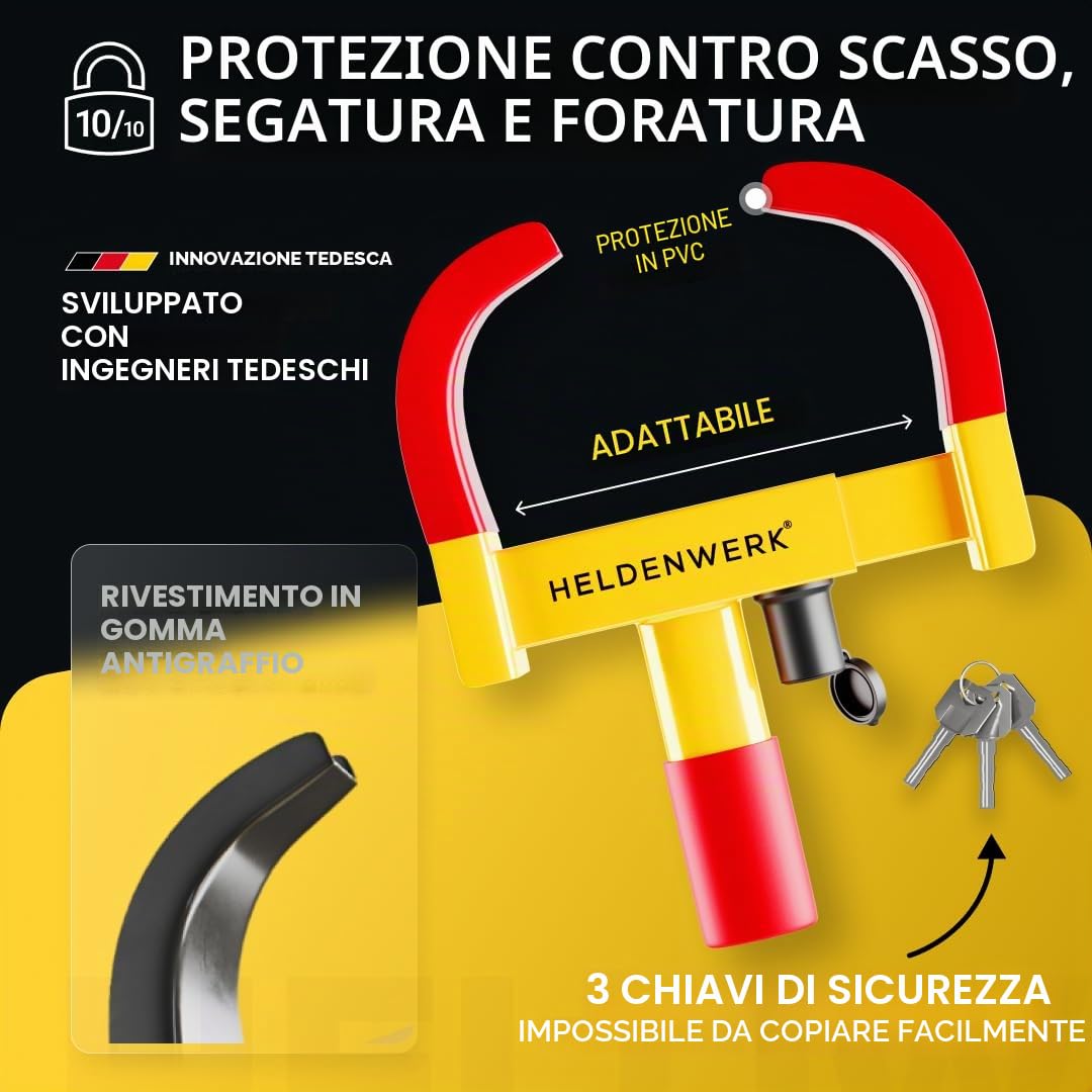 Heldenwerk Morsetto di parcheggio per ruota con serratura ad alta sicurezza e 3 chiavi rimorchi camper roulotte auto pneumatici