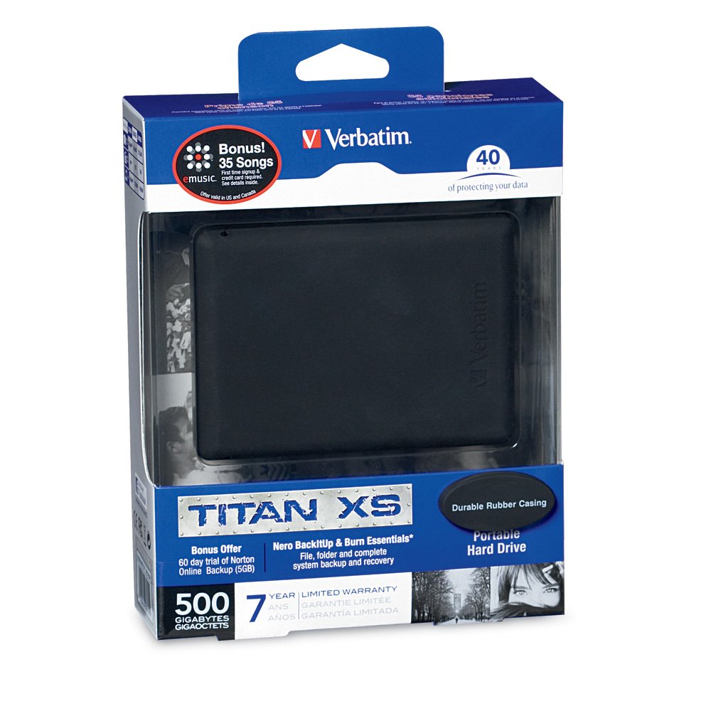 Verbatim Titan XS - Disco Duro Externo portátil USB 2.0 de 500 GB con Carcasa de Goma Resistente 97179 (Negro)