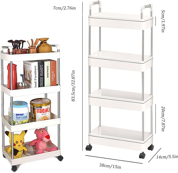 Plastic Storage Trolley on Wheels Slide-out Slim Rolling Utility Cart Mobile Storage Shelving Organizer for Kitchen, Bedroom, Bathroom, Office (4-Tier,With armrest)