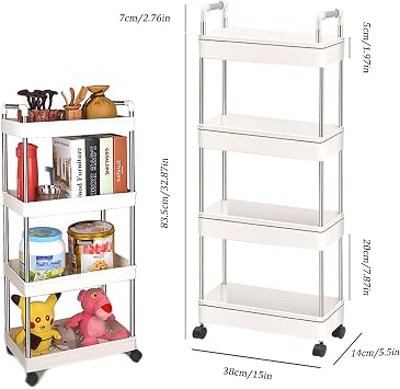 Plastic Storage Trolley on Wheels Slide-out Slim Rolling Utility Cart Mobile Storage Shelving Organizer for Kitchen, Bedroom, Bathroom, Office (4-Tier,With armrest)