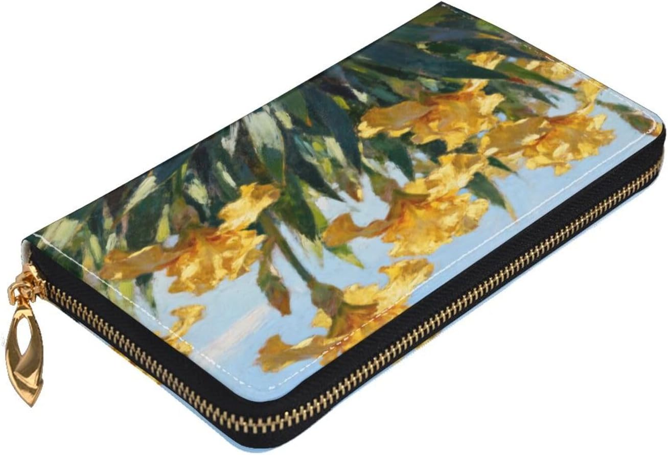 Tulip oil painting Long Zip Around Wallet for Women, Large Capacity RFID Leather Wristlet Wallet with 12 Card Slots Coin Purse, Fashion Clutch Purse with Wrist Strap