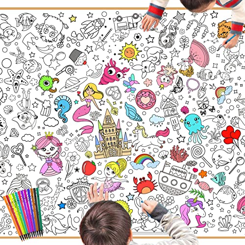 DPKOW Niños Niñas Póster de Colorear con Pintura, 118 * 84cm Gigante Mantel de Colorear de Papel para Niñas Cumpleaños Regalos Artesanes, Sirena Unicornio Princesa Animal Marino Pirata Dulce