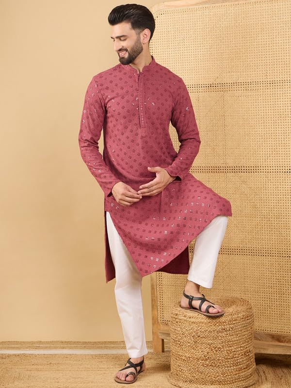 Image of Men's Solid Embroidered Long Straight Kurta | Men's Kurta | Embroidered Chikankari Kurta for Men | Straight Fit Kurta for Men