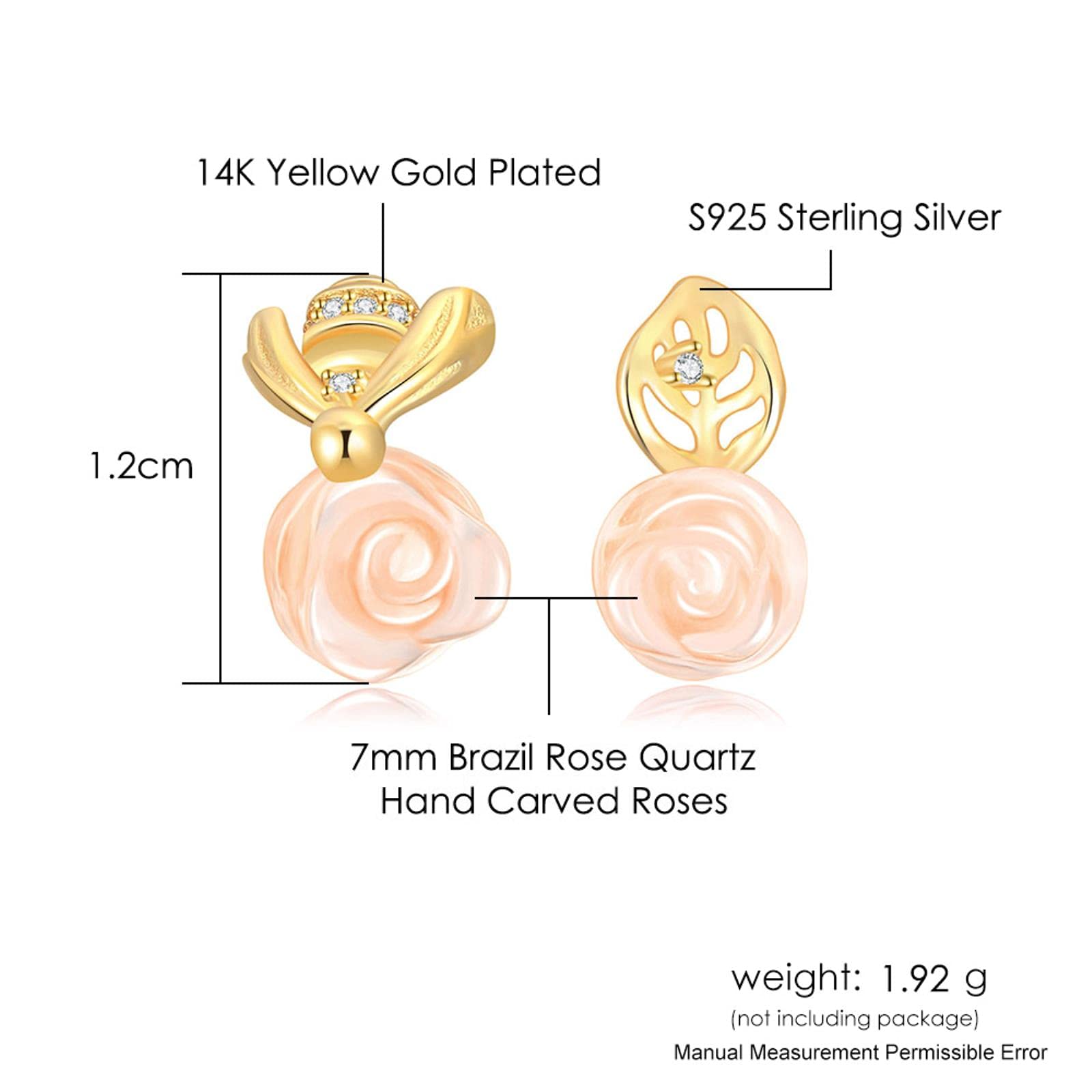 LOKILOKI Pendiente De Plata De Ley 925 para Mujer, Pendientes De Botón De Piedras Preciosas De Cuarzo Rosa Y Abeja Rosa, Joyería Fina Chapada En Oro