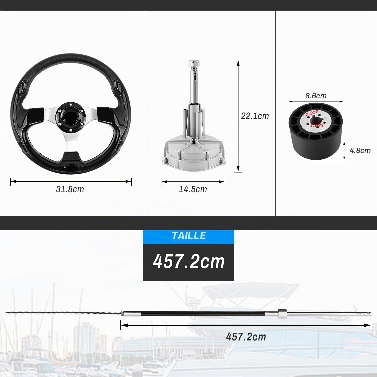 Système de direction de bateau - Kit de direction rotative mécanique - Câble de commande de 457,2 cm pour hors-bord - Systèmes de direction marine pour bateaux de pêche, yachts et autres