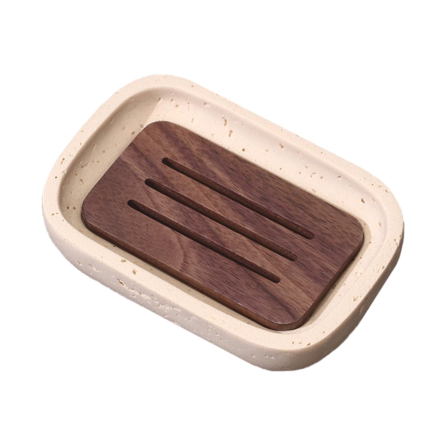 Porte-Savon Résine Style Wabi-Sabi avec Séparateur en Noyer | Support Salle de Bain Design Naturel | Plateau Texturé Effet Pierre pour Lavabo et Douche - Beige