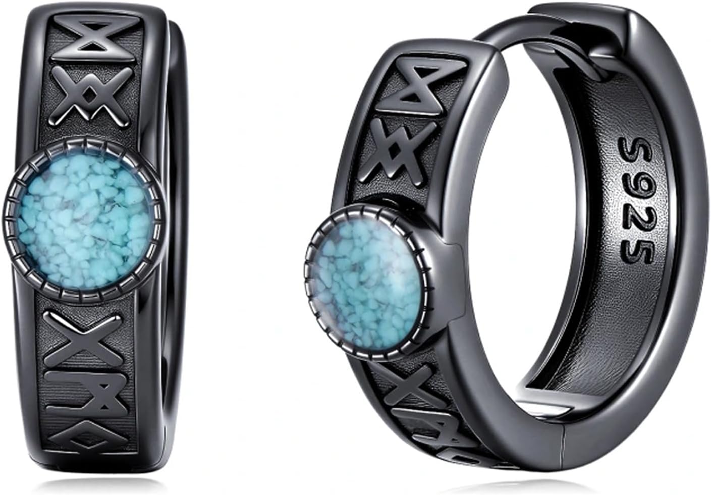 Black Viking Hoop Earrings for Men 925 Sterling Silver Rune/Ankh/Celtic Knot Turquoise Huggie Earrings Viking Jewelry Gifts for Men Women