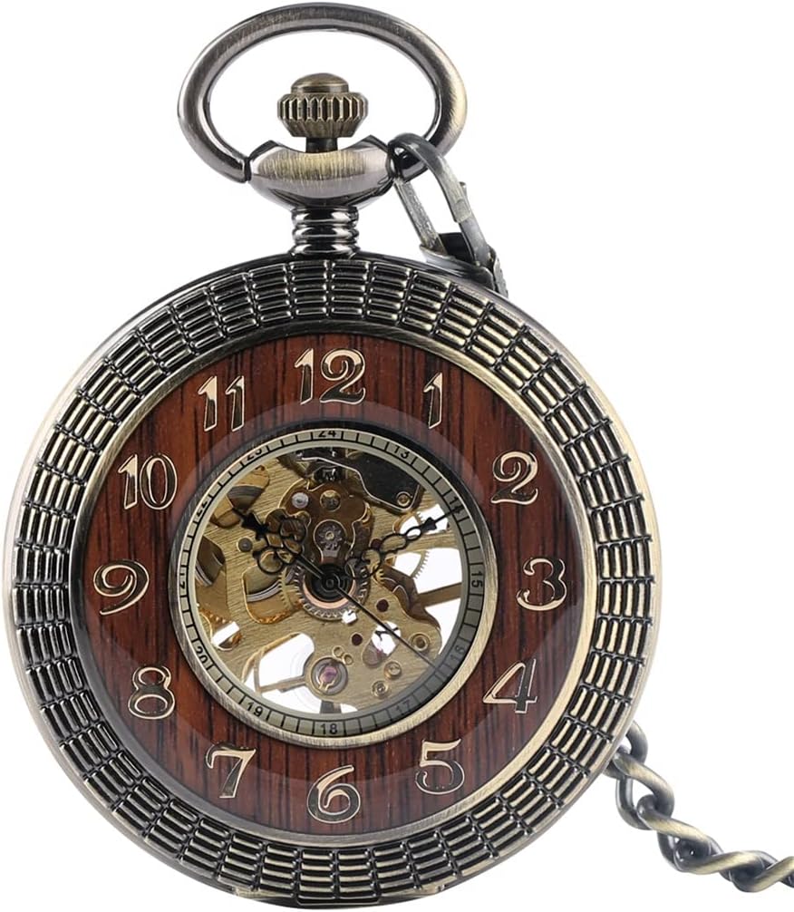 Wooden Bronze Mechanical Manual Winding Pocket Watch Roman Numerals Display dial wall Clock