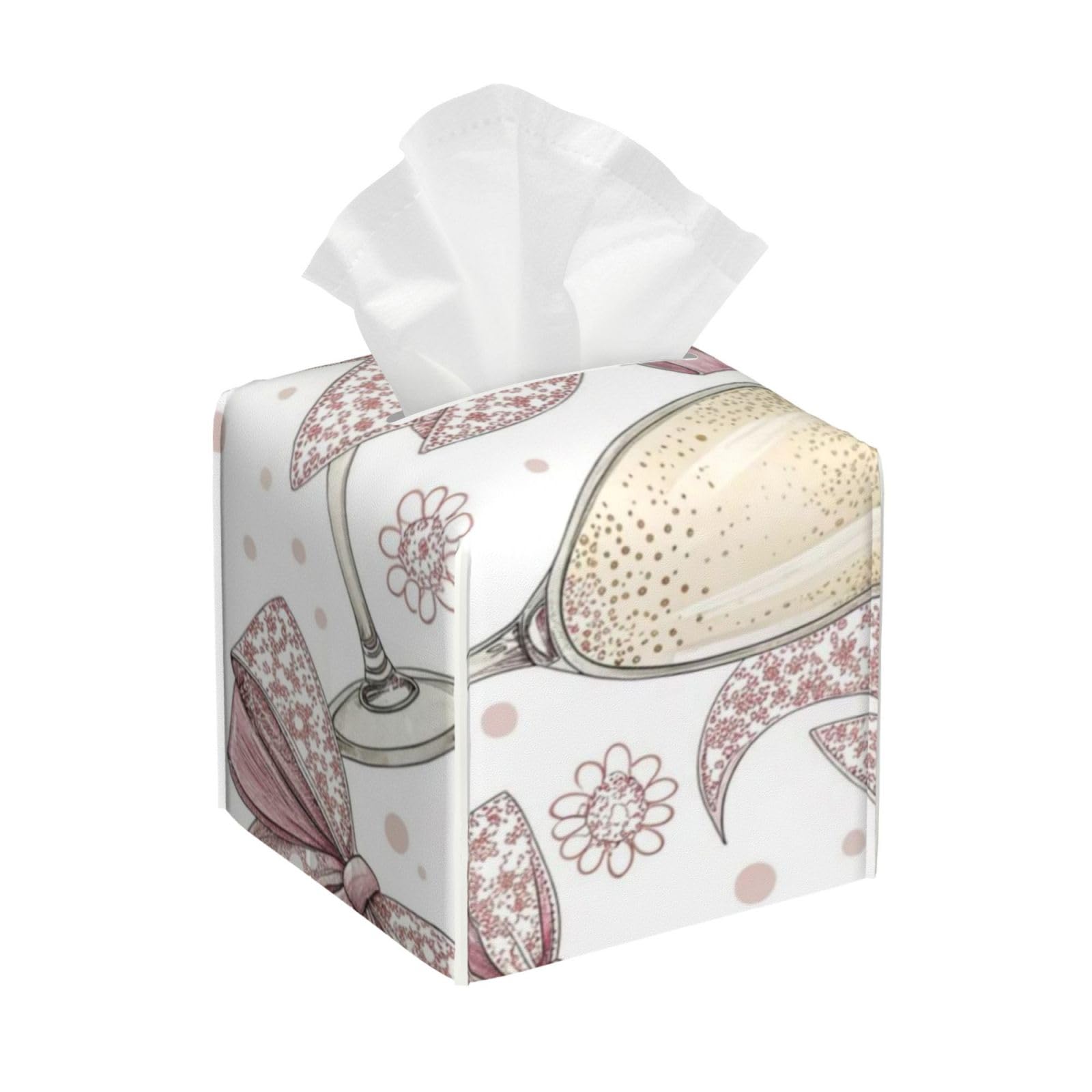 Champagne Bow Seamless Pattern Tissue Box Cover 5" Square Leather Tissue Holder Facial Tissue Case for Tabletop Bedroom Bathroom Desk Decor