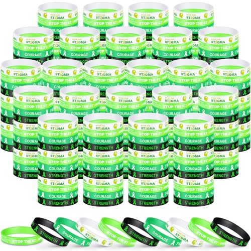 Leyndo Bulk Mental Health Awareness Bracelet Green Awareness Ribbon Silicone Bracelets with Inspirational Saying Disease Wristbands Hope Strength Faith Courage