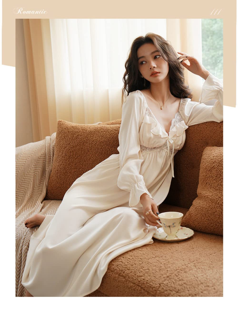 Nachthemd Damen Sexy,Damen Sexy Nachthemd Beige Satin V-Ausschnitt Hohlspitze Rüschen Schleife Weiches Bequemes Langarm Nachthemd Schlanke Nachtwäsche Für Damen Mädchen Party Loungewear Nachthem