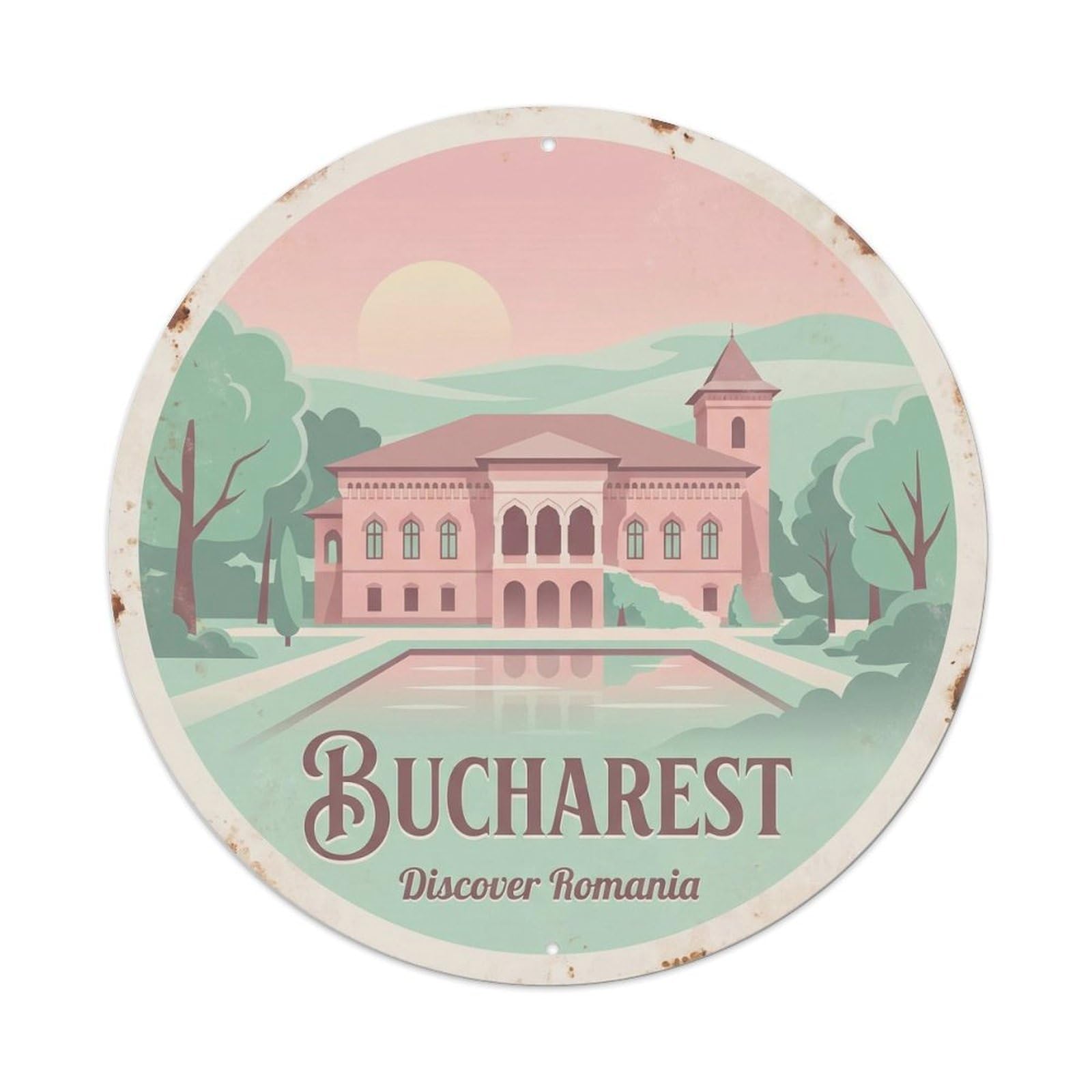Fqcyn Style Vintage Travel Bucharest Palace Explore Metal Tin Sign