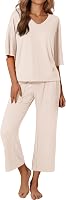 Ekouaer Women's Oversized Pajama Set: Short Sleeve V-Neck Top & Wide Leg Ankle Pants with Pockets - Cozy Lounge Wear