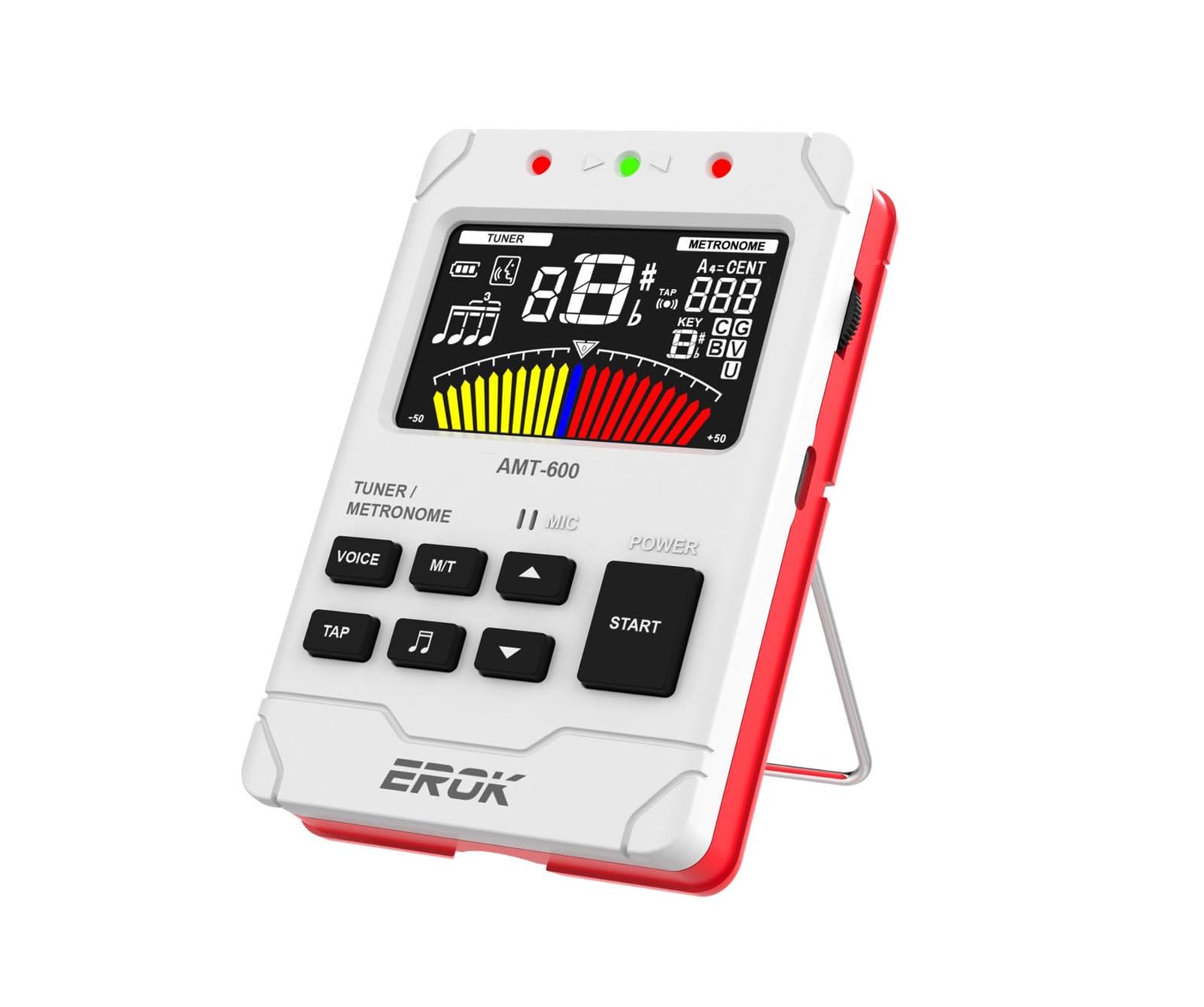 EROK Digital Metronome and Tuner, white model, showing its display and compact size.