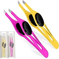 Rampage Surgical Slant Tip Eyebrow Tweezers Set, 2-3 Pack Stainless Steel Non-Slip Grip for Plucking Facial Hair, Ingrown Hairs - Women Men Yellow Pink