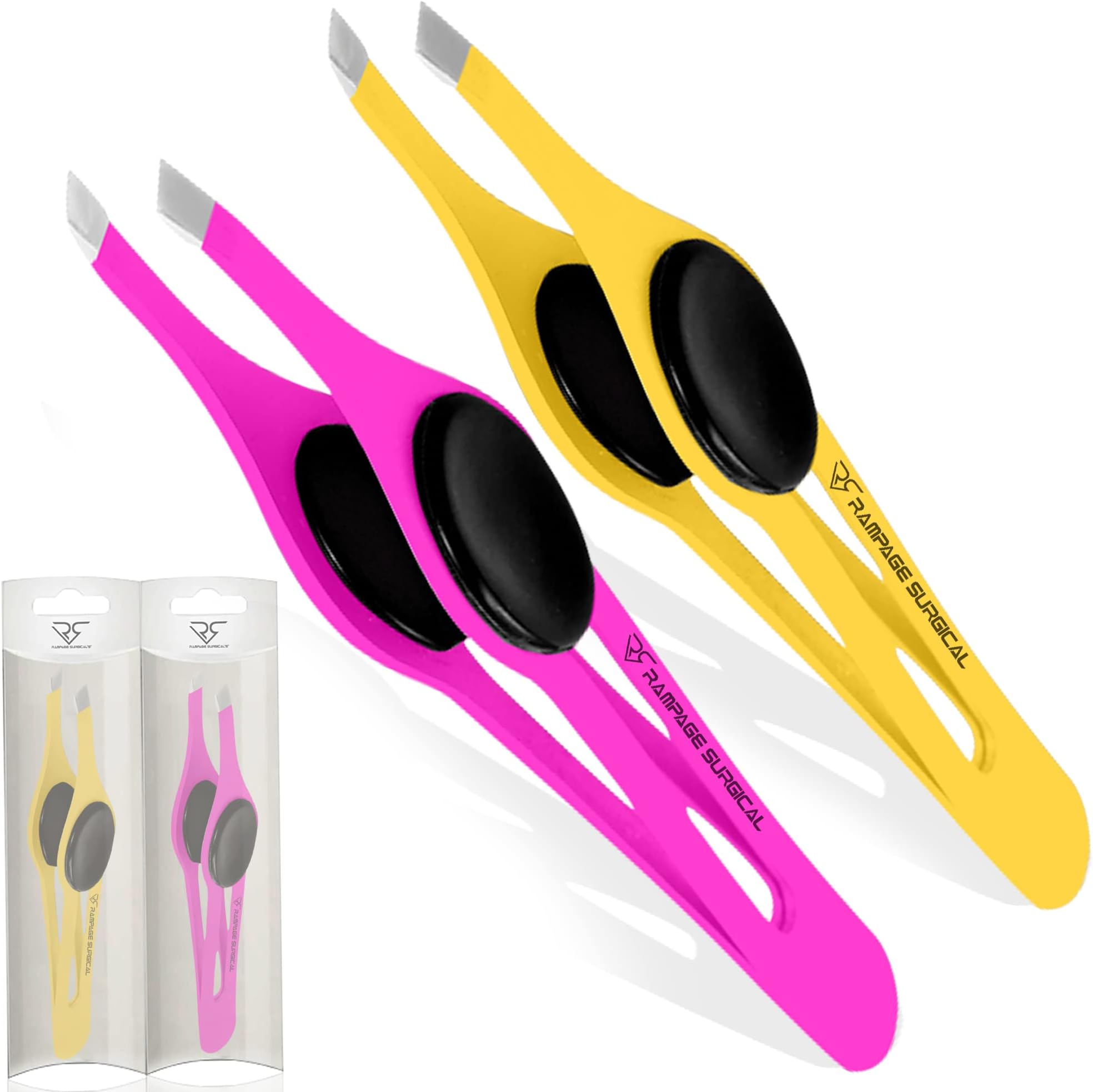 Professional Eyebrow Tweezers Slanted Tip Stainless Steel 2,3xPcs Set, Non-Slip Grip Slant Tip Tweezers for Facial Hair, Plucking Removing Ingrown Hairs, Tweezer for Women Men (Yellow&Pink)