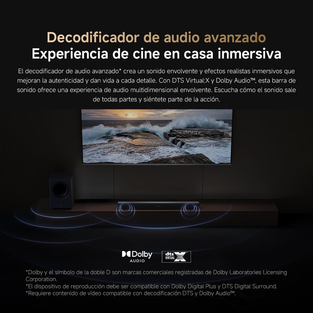 XIAOMI Soundbar Pro 2.1ch-Barra de Sonido TV de 300W con Graves potentes y subwoofer inalámbrico Externo. Compatible con Dolby Audio™ y DTS Virtual:X. Conexiones HDMI ARC/Óptico/Coaxial/Bluetooth