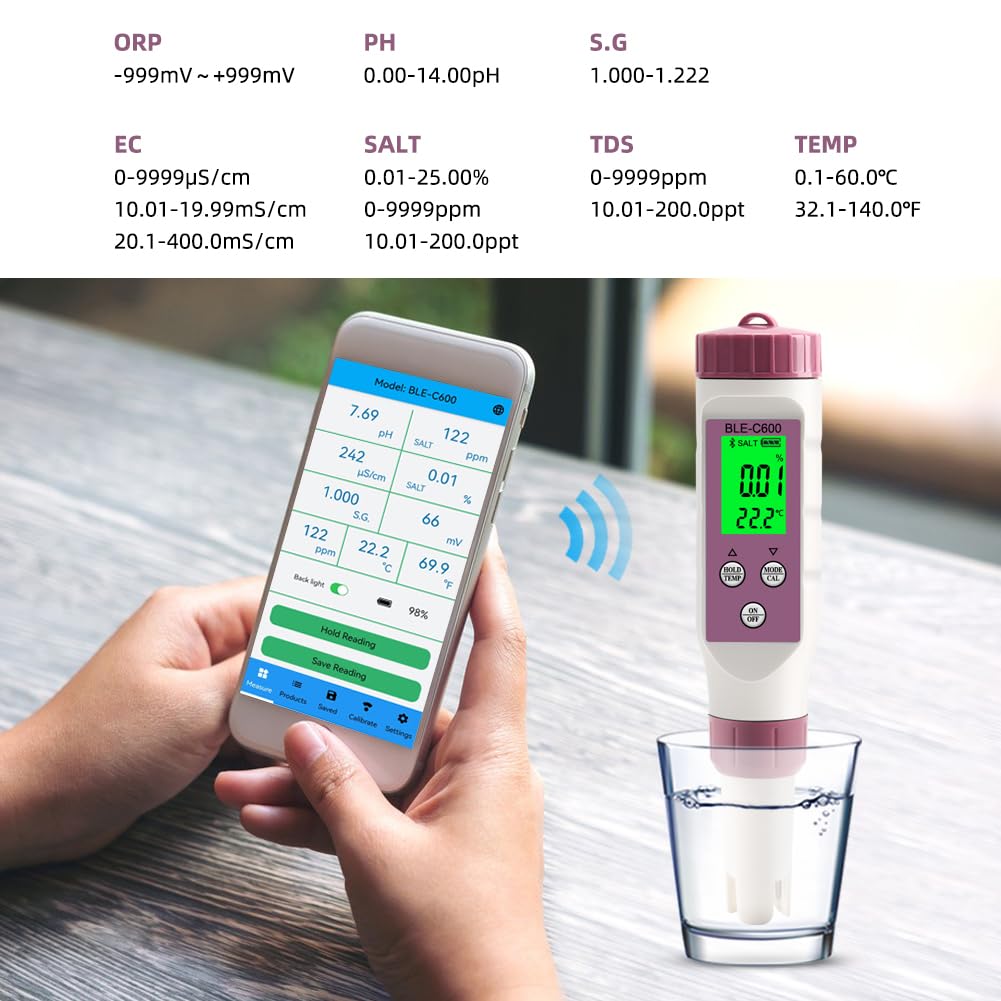 Probador de pH digital 7 en 1, 0.01 de alta precisión para agua, PH/TDS/EC/ORP/S.G/sal/temperatura, probador de agua TDS para agua potable, hidroponía, plantas, acuario y piscina