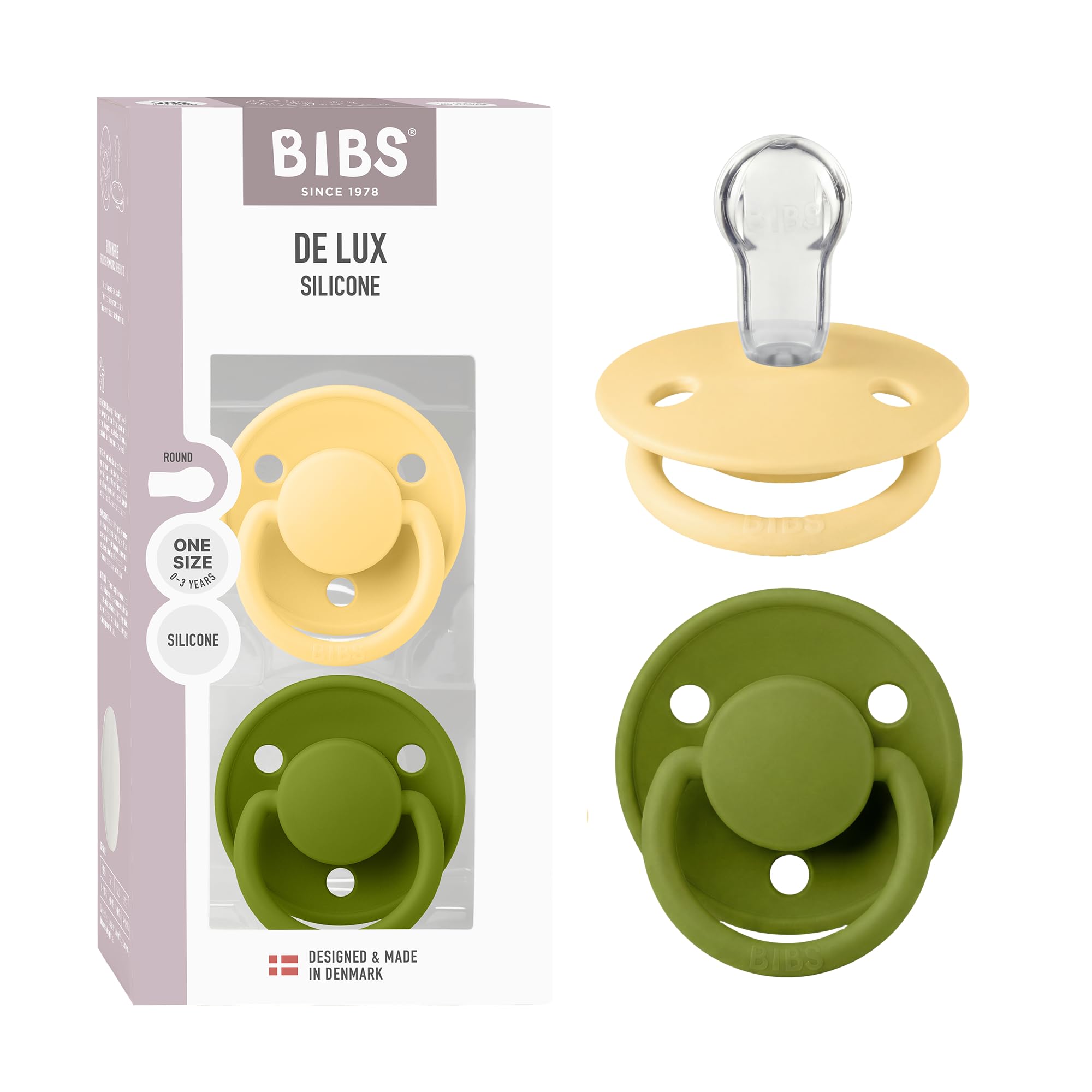 BIBS De Lux Dummy, 0+ Months, 2-Pack, Round Teat, Pale Butter/Wasabi