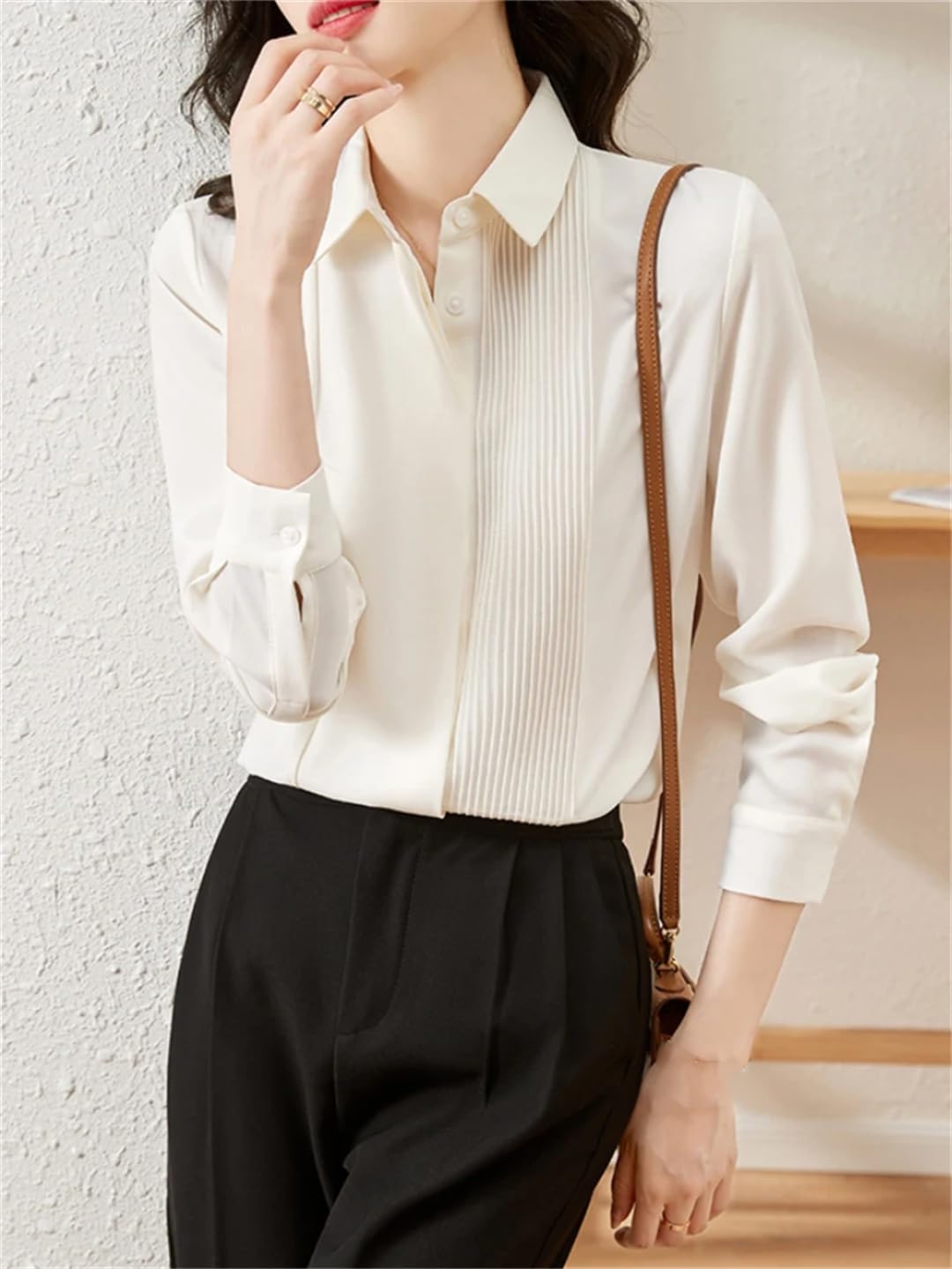 Camicia da donna con risvolto bianco plissettato primavera manica lunga formale base ufficio top