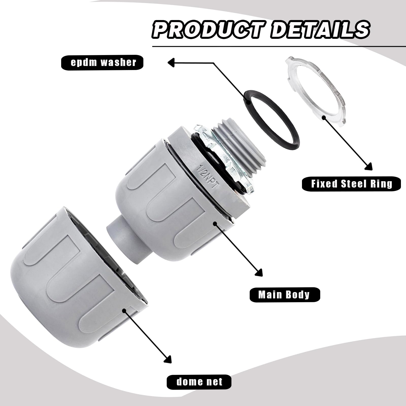 Connettore flessibile per condotto in PVC da 1/2", diritto a 180 gradi, classificato UL, raccordi elettrici per condotti elettrici (confezione da 60)