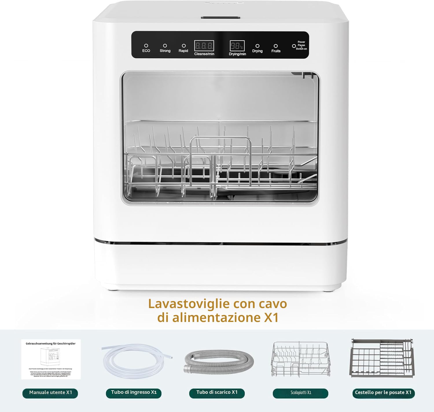 800W Piano di lavoro portatile per lavastoviglie, lavastoviglie da tavolo con 6 programmi e serbatoio dell'acqua da 6L, mini lavastoviglie con copertura semitrasparente e display LED, perfettamente