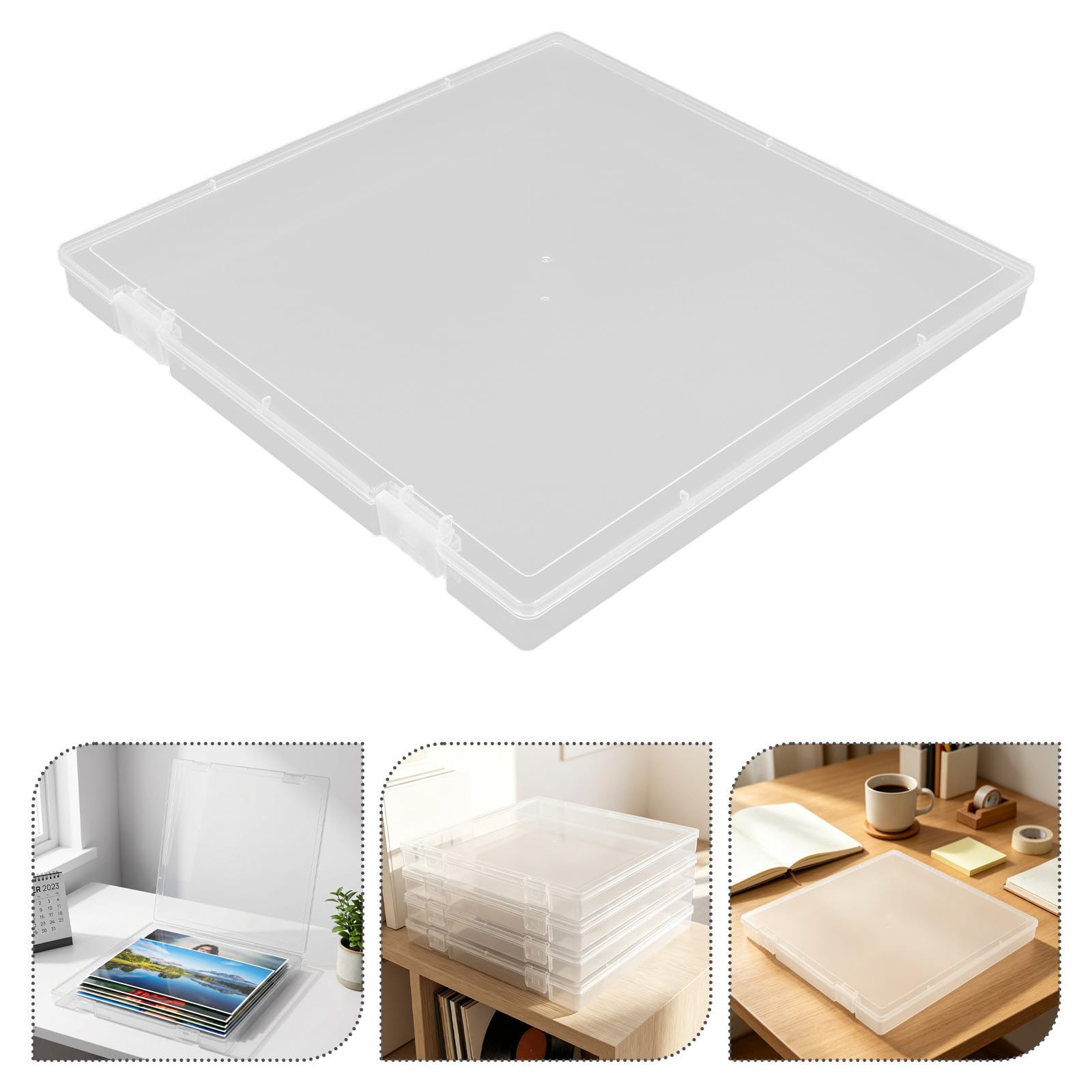 4 Pezzi Scatola Porta Documenti Protegge Documenti e Foto Design Impilabile con Chiusura Protettiva in Plastica e Fessure per Etichette per Ufficio e Scrivania