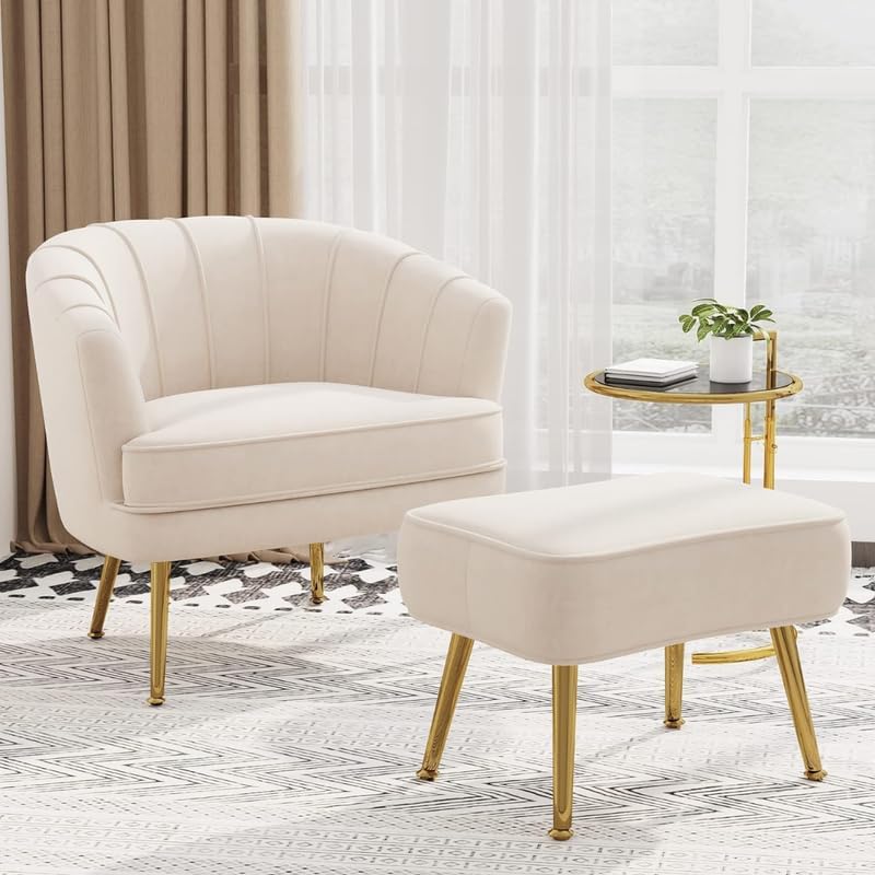 Zikra - Alex Round Barrel Accent Chair with Stylish Ottoman Velvet Mordern Comfy Arm Sofa Chairs for Living Room, Bedroom,Home Office with Metal Legs, Beige